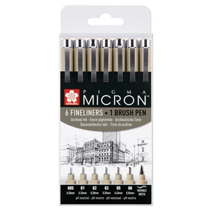 Pigma Micron, Set mit 6 Finelinern + 1 Pigma Brush